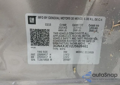 2018 Chevrolet Equinox Lt z USA, uszkodzony, nr VIN 3GNAXJEV2JS628461